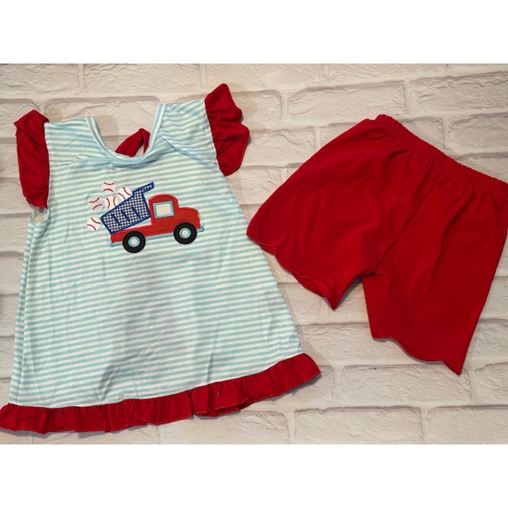 Toddler Girls 4T Blue Stripes Baseballs Truck Ruffle Sleeves Red Scallop Shorts